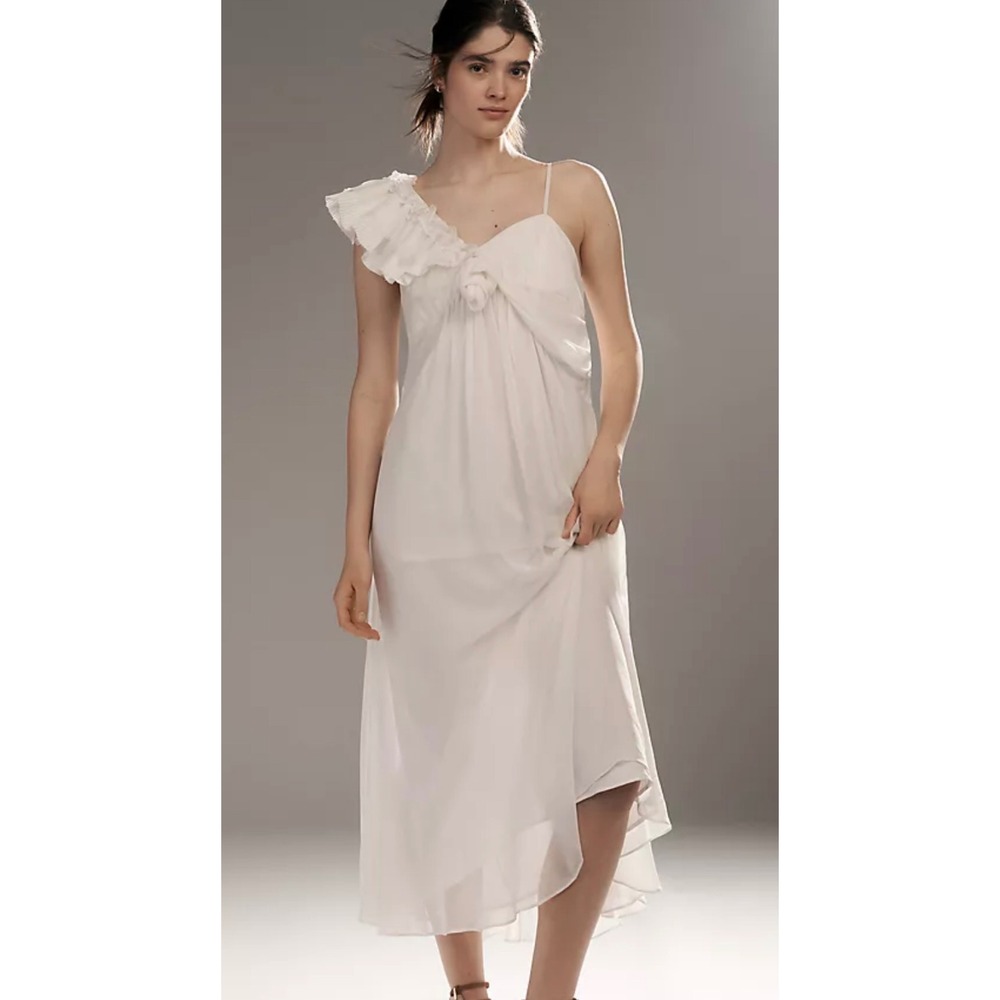 Let Me Be Asymmetric‎ 3D Floral Midi Dress White Ruffle feminine flowy romantic
